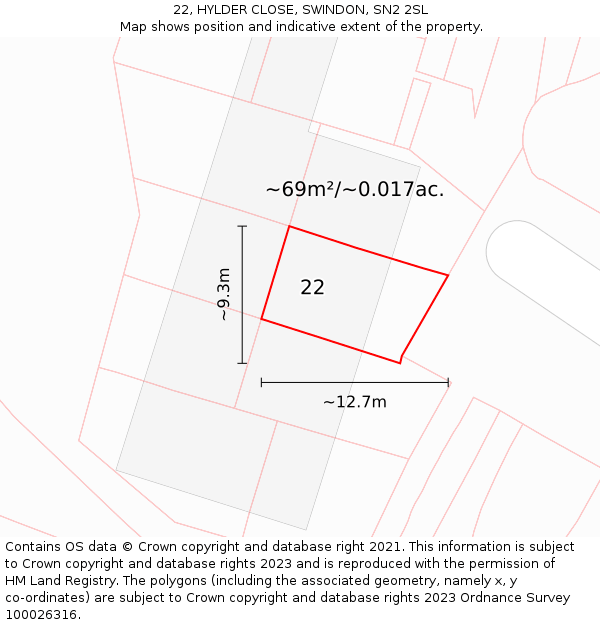 22, HYLDER CLOSE, SWINDON, SN2 2SL: Plot and title map