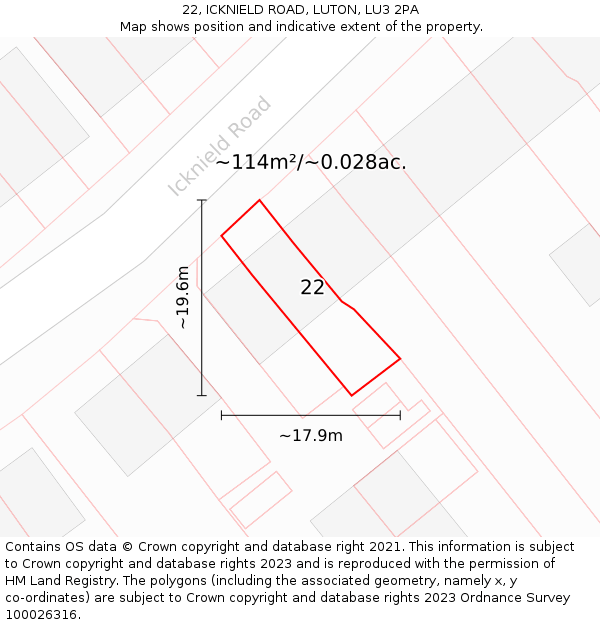 22, ICKNIELD ROAD, LUTON, LU3 2PA: Plot and title map