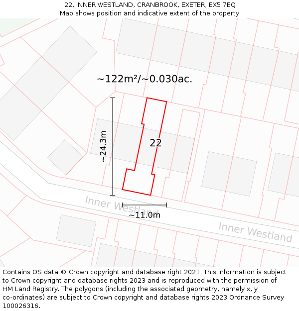 22, INNER WESTLAND, CRANBROOK, EXETER, EX5 7EQ: Plot and title map
