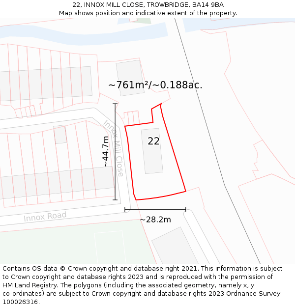 22, INNOX MILL CLOSE, TROWBRIDGE, BA14 9BA: Plot and title map