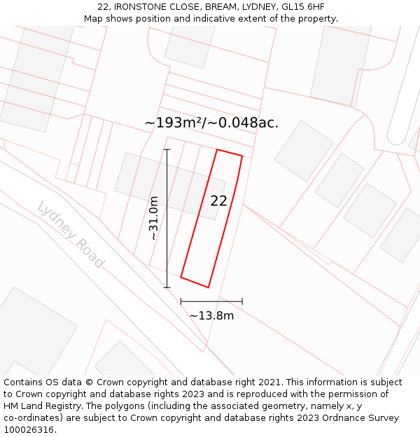 22, IRONSTONE CLOSE, BREAM, LYDNEY, GL15 6HF: Plot and title map