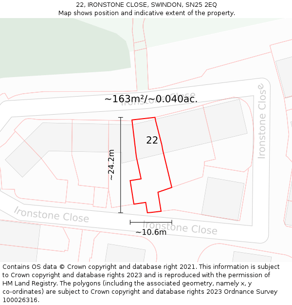 22, IRONSTONE CLOSE, SWINDON, SN25 2EQ: Plot and title map