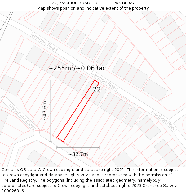 22, IVANHOE ROAD, LICHFIELD, WS14 9AY: Plot and title map