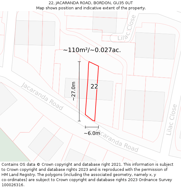 22, JACARANDA ROAD, BORDON, GU35 0UT: Plot and title map