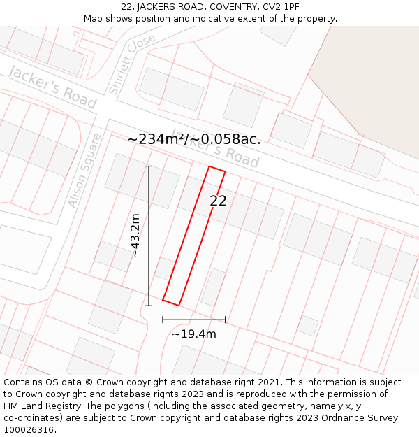 22, JACKERS ROAD, COVENTRY, CV2 1PF: Plot and title map