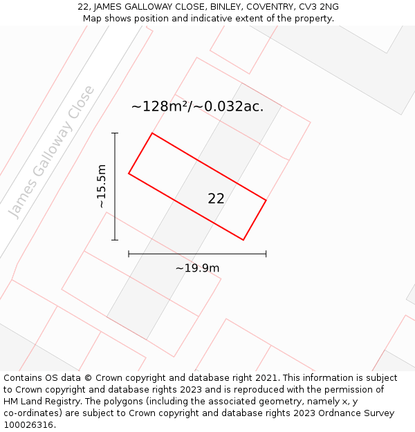 22, JAMES GALLOWAY CLOSE, BINLEY, COVENTRY, CV3 2NG: Plot and title map