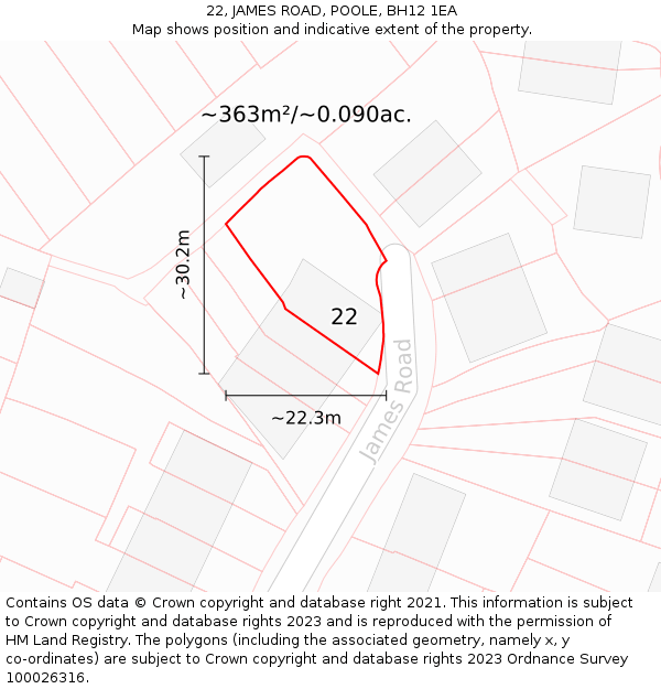 22, JAMES ROAD, POOLE, BH12 1EA: Plot and title map