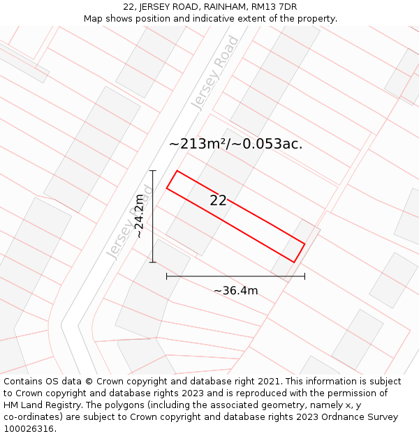 22, JERSEY ROAD, RAINHAM, RM13 7DR: Plot and title map