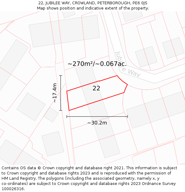 22, JUBILEE WAY, CROWLAND, PETERBOROUGH, PE6 0JS: Plot and title map
