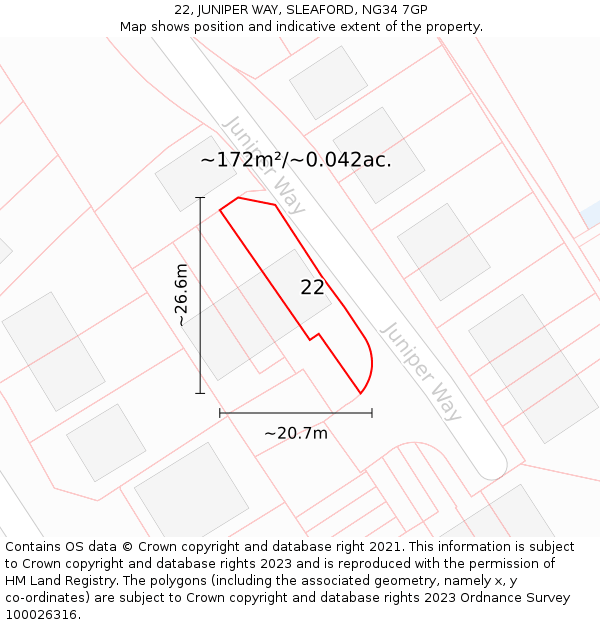 22, JUNIPER WAY, SLEAFORD, NG34 7GP: Plot and title map
