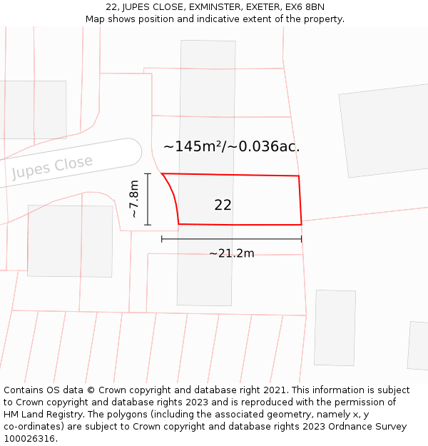 22, JUPES CLOSE, EXMINSTER, EXETER, EX6 8BN: Plot and title map