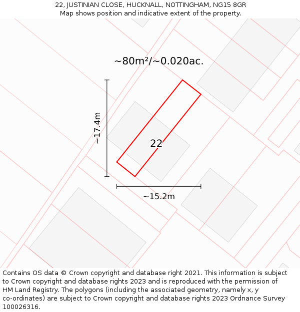 22, JUSTINIAN CLOSE, HUCKNALL, NOTTINGHAM, NG15 8GR: Plot and title map