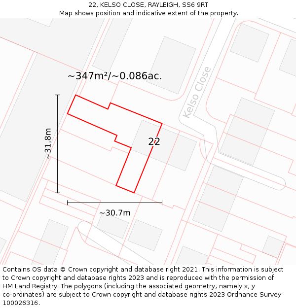 22, KELSO CLOSE, RAYLEIGH, SS6 9RT: Plot and title map