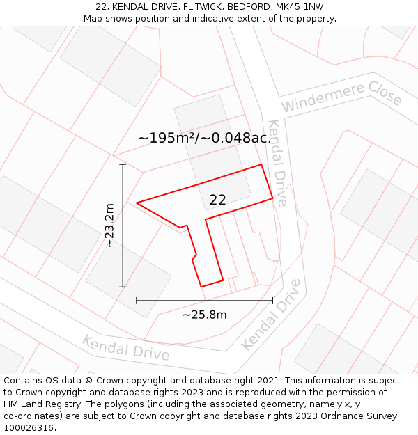 22, KENDAL DRIVE, FLITWICK, BEDFORD, MK45 1NW: Plot and title map