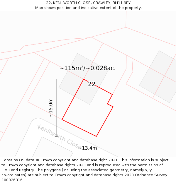 22, KENILWORTH CLOSE, CRAWLEY, RH11 9PY: Plot and title map