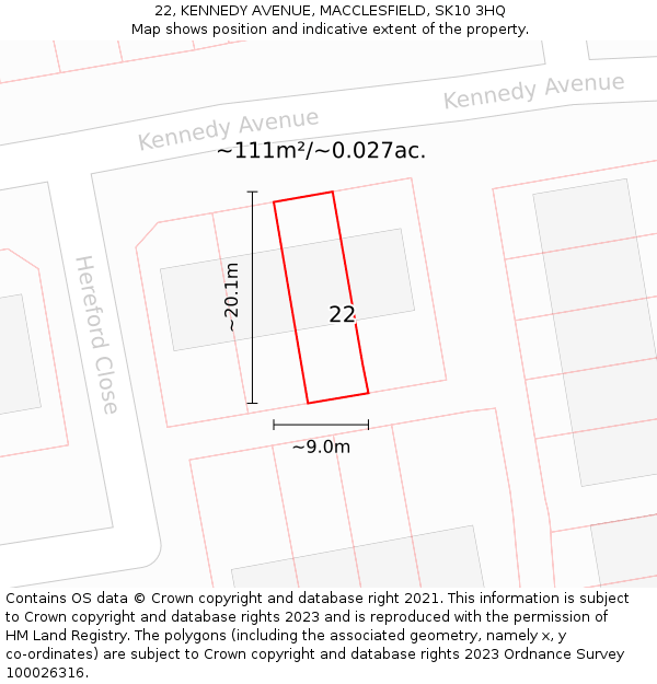 22, KENNEDY AVENUE, MACCLESFIELD, SK10 3HQ: Plot and title map