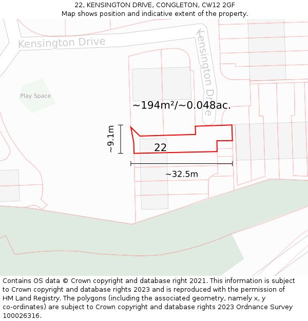22, KENSINGTON DRIVE, CONGLETON, CW12 2GF: Plot and title map