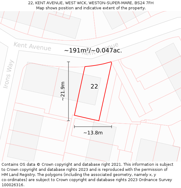 22, KENT AVENUE, WEST WICK, WESTON-SUPER-MARE, BS24 7FH: Plot and title map
