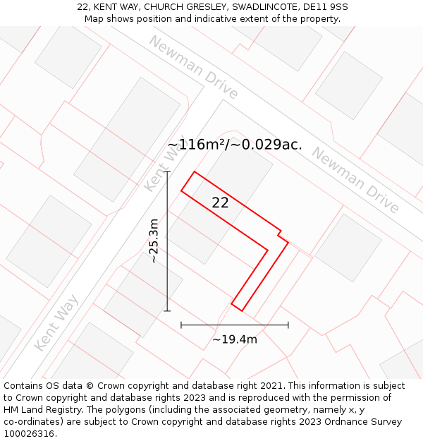 22, KENT WAY, CHURCH GRESLEY, SWADLINCOTE, DE11 9SS: Plot and title map