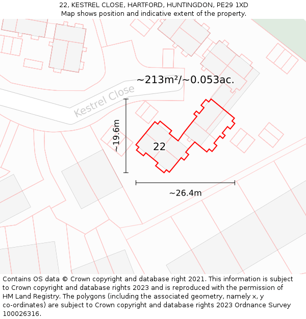 22, KESTREL CLOSE, HARTFORD, HUNTINGDON, PE29 1XD: Plot and title map
