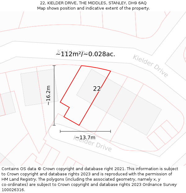 22, KIELDER DRIVE, THE MIDDLES, STANLEY, DH9 6AQ: Plot and title map