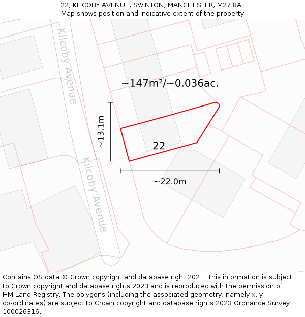 22, KILCOBY AVENUE, SWINTON, MANCHESTER, M27 8AE: Plot and title map