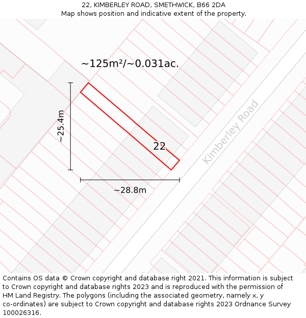 22, KIMBERLEY ROAD, SMETHWICK, B66 2DA: Plot and title map