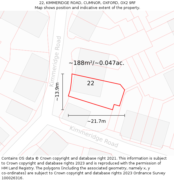 22, KIMMERIDGE ROAD, CUMNOR, OXFORD, OX2 9RF: Plot and title map