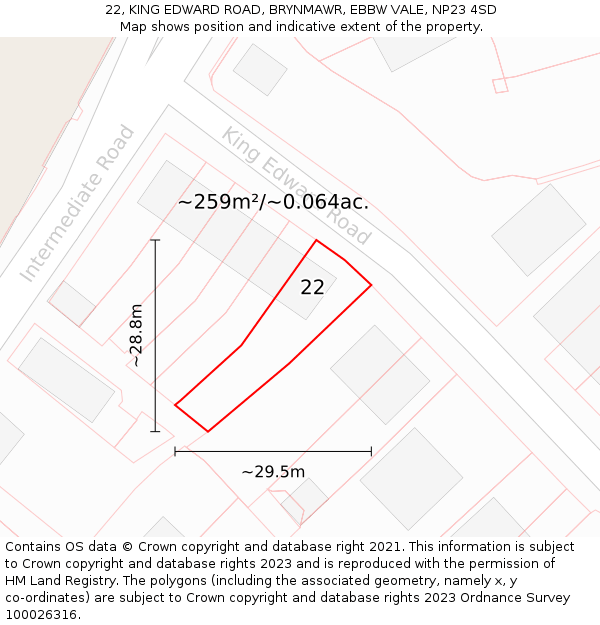 22, KING EDWARD ROAD, BRYNMAWR, EBBW VALE, NP23 4SD: Plot and title map
