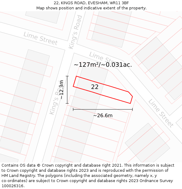 22, KINGS ROAD, EVESHAM, WR11 3BF: Plot and title map