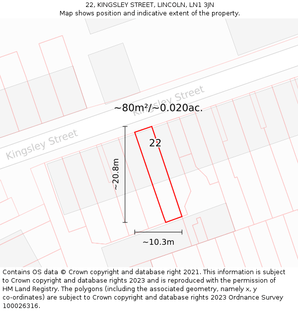 22, KINGSLEY STREET, LINCOLN, LN1 3JN: Plot and title map