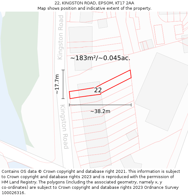22, KINGSTON ROAD, EPSOM, KT17 2AA: Plot and title map