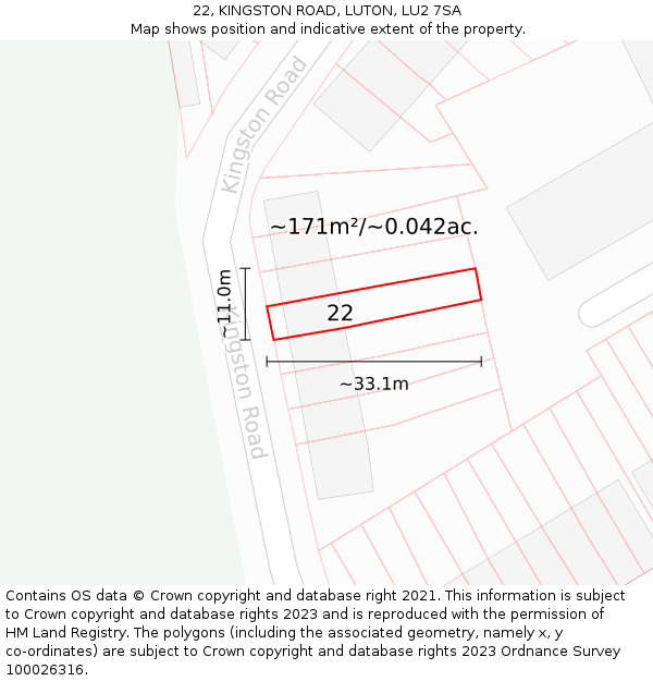 22, KINGSTON ROAD, LUTON, LU2 7SA: Plot and title map