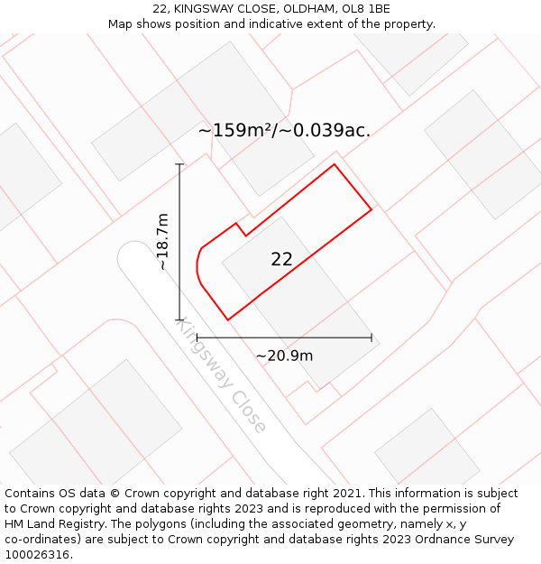 22, KINGSWAY CLOSE, OLDHAM, OL8 1BE: Plot and title map