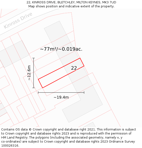 22, KINROSS DRIVE, BLETCHLEY, MILTON KEYNES, MK3 7UD: Plot and title map