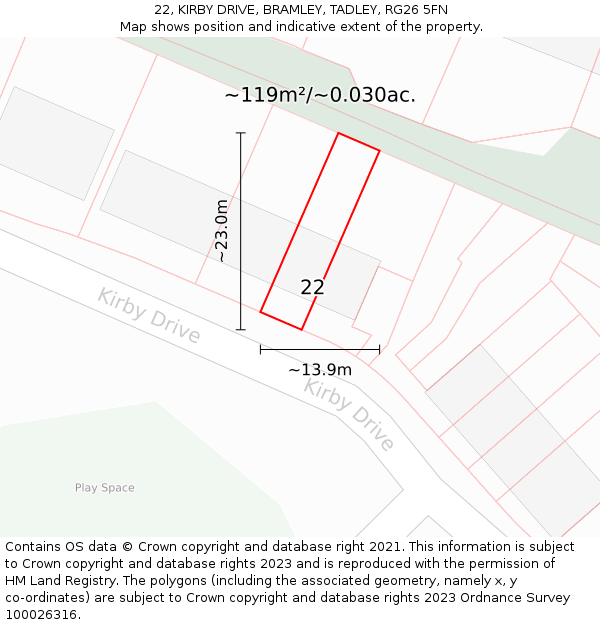 22, KIRBY DRIVE, BRAMLEY, TADLEY, RG26 5FN: Plot and title map