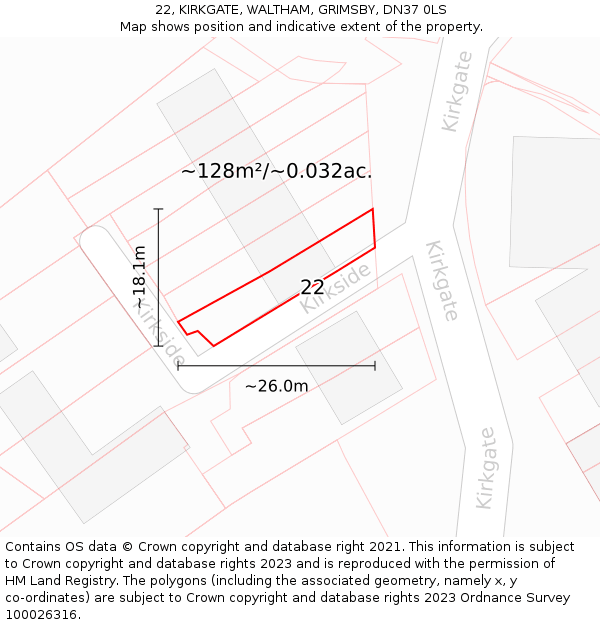 22, KIRKGATE, WALTHAM, GRIMSBY, DN37 0LS: Plot and title map
