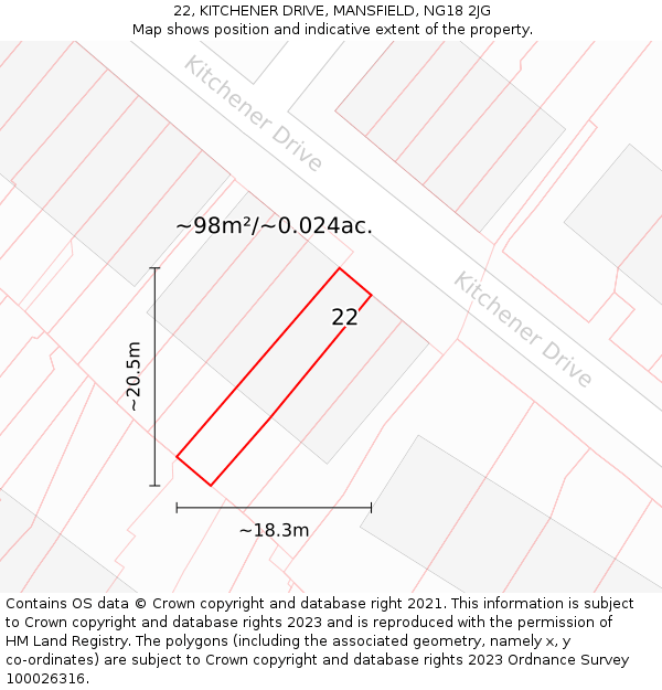 22, KITCHENER DRIVE, MANSFIELD, NG18 2JG: Plot and title map