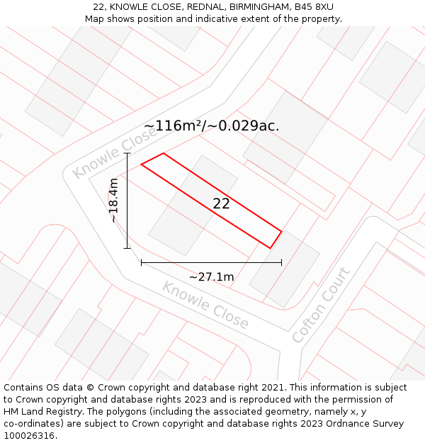 22, KNOWLE CLOSE, REDNAL, BIRMINGHAM, B45 8XU: Plot and title map