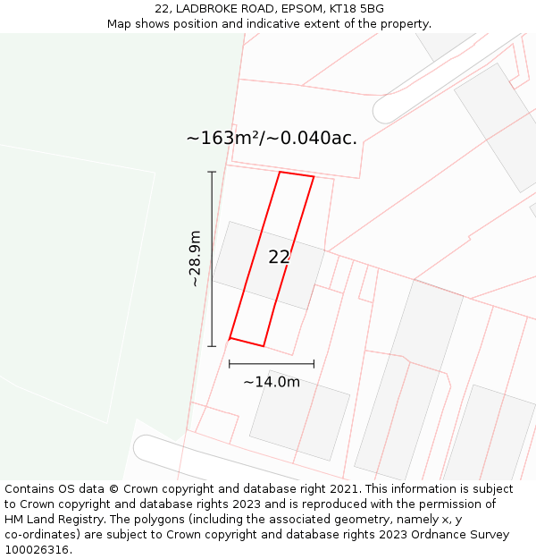 22, LADBROKE ROAD, EPSOM, KT18 5BG: Plot and title map