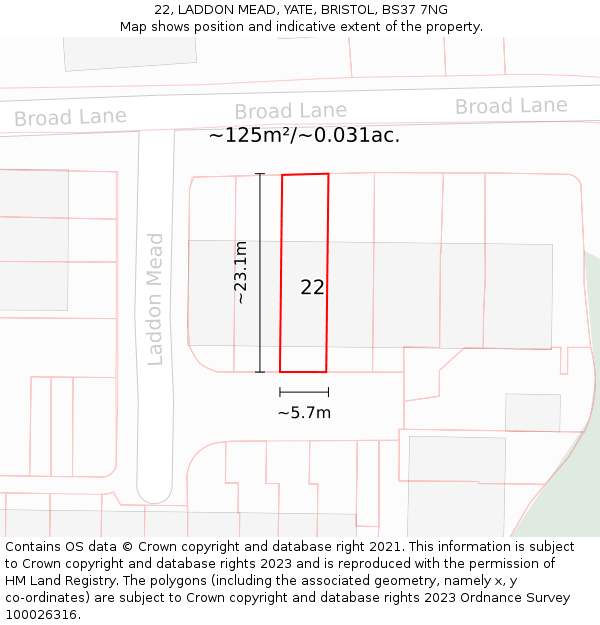 22, LADDON MEAD, YATE, BRISTOL, BS37 7NG: Plot and title map