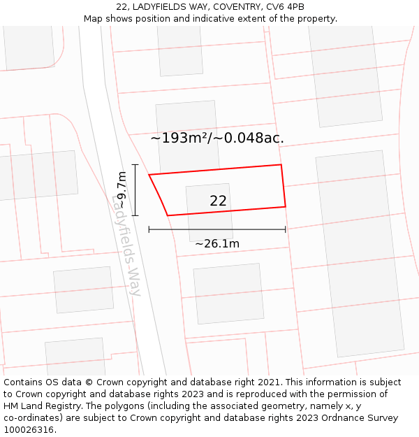 22, LADYFIELDS WAY, COVENTRY, CV6 4PB: Plot and title map