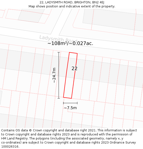 22, LADYSMITH ROAD, BRIGHTON, BN2 4EJ: Plot and title map