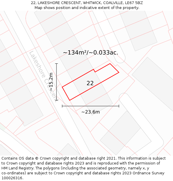 22, LAKESHORE CRESCENT, WHITWICK, COALVILLE, LE67 5BZ: Plot and title map
