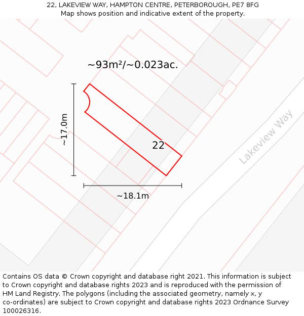 22, LAKEVIEW WAY, HAMPTON CENTRE, PETERBOROUGH, PE7 8FG: Plot and title map
