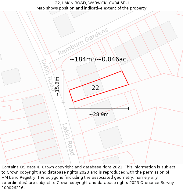 22, LAKIN ROAD, WARWICK, CV34 5BU: Plot and title map