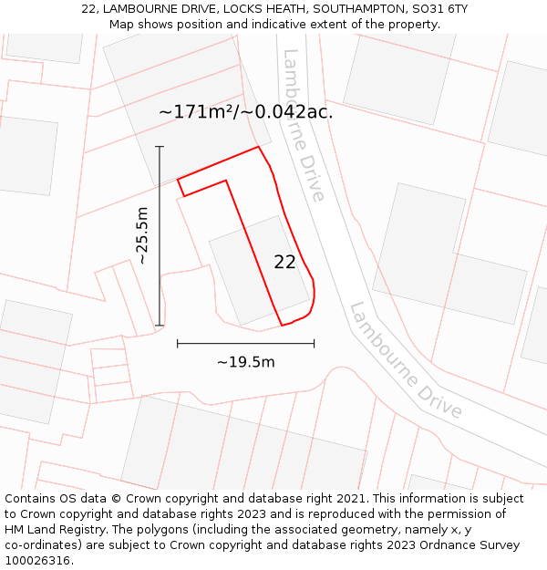 22, LAMBOURNE DRIVE, LOCKS HEATH, SOUTHAMPTON, SO31 6TY: Plot and title map