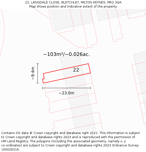 22, LANGDALE CLOSE, BLETCHLEY, MILTON KEYNES, MK2 3QA: Plot and title map