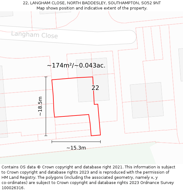 22, LANGHAM CLOSE, NORTH BADDESLEY, SOUTHAMPTON, SO52 9NT: Plot and title map