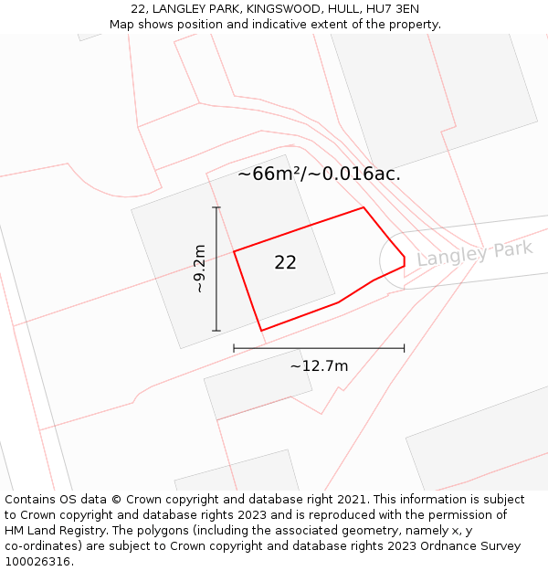 22, LANGLEY PARK, KINGSWOOD, HULL, HU7 3EN: Plot and title map